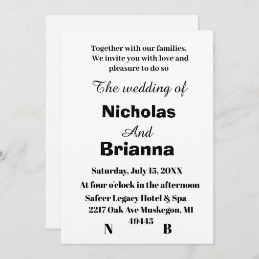 Faire-part de mariage moderne classique noir et bl (Devant / Derrière)