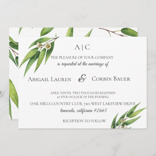 Faire-part de mariage moderne de feuillage Eucalyp (Devant / Derrière)
