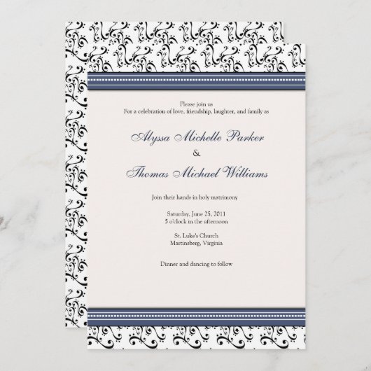 Faire-part de mariage moderne de Swirl (Navy) (Devant / Derrière)