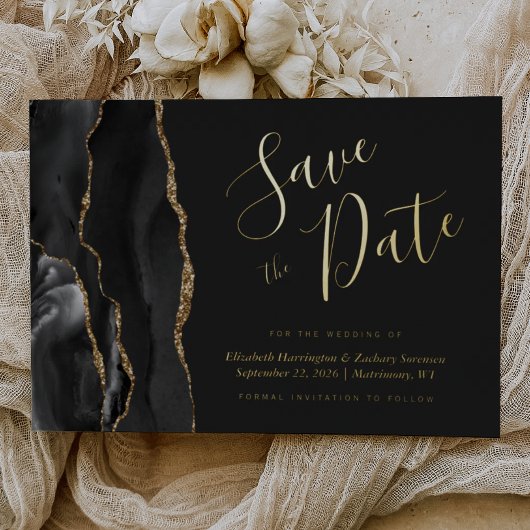 Faire-part de mariage moderne en agate noire et or