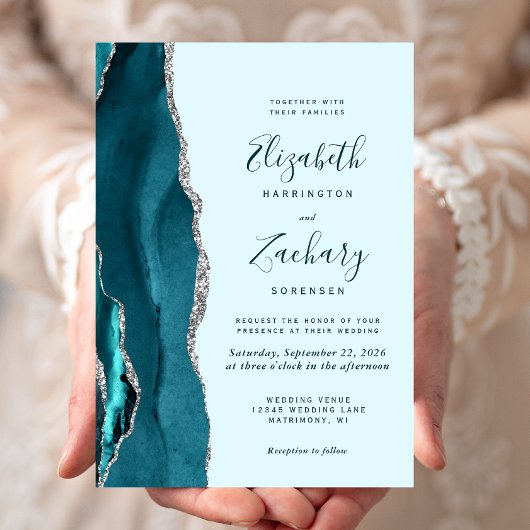 Faire-part de mariage moderne en argent sarcelle p