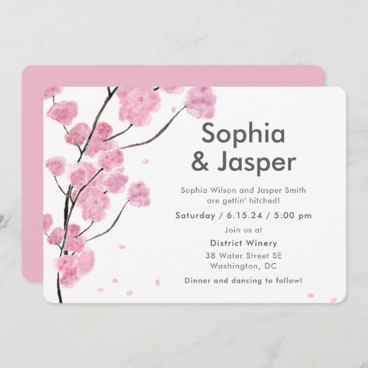 Faire-part de mariage moderne en fleurs de cerisie (Devant / Derrière)