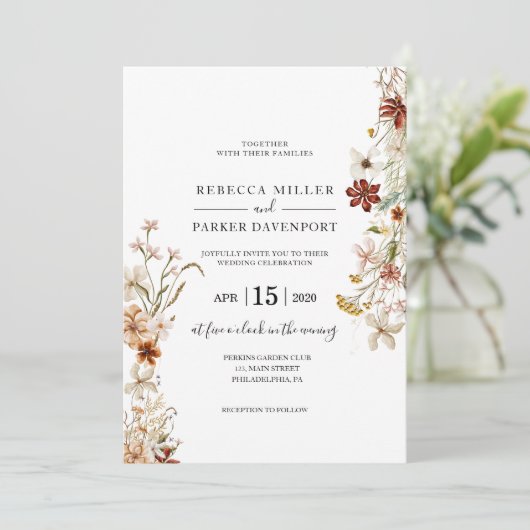 Faire-part de mariage moderne en fleurs sauvages (Debout devant)