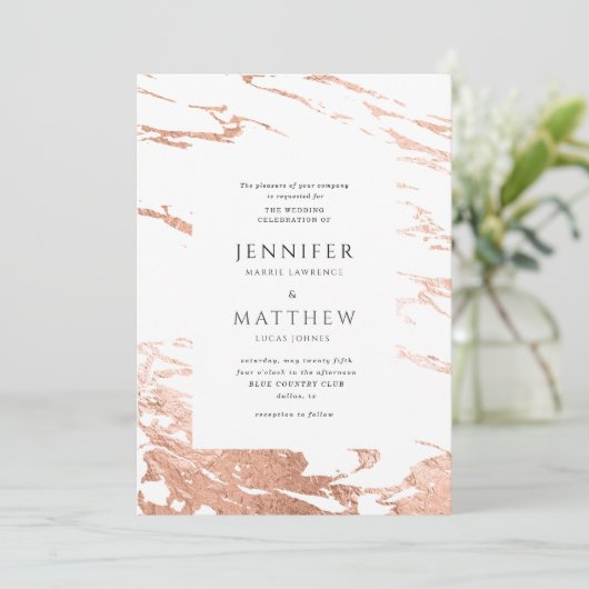 faire-part de mariage moderne en marbre doré rose (Debout devant)