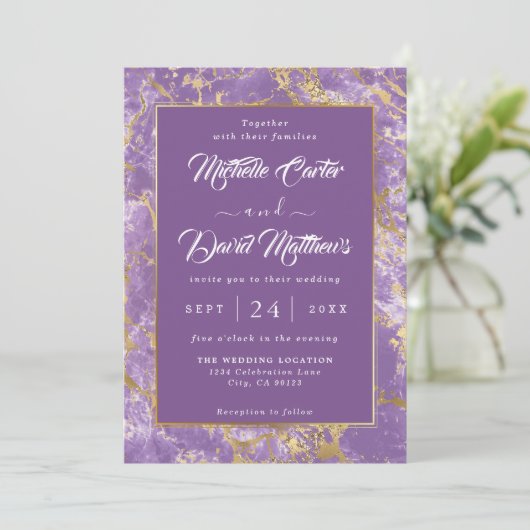 Faire-part de mariage Moderne En Marbre Or Et Viol (Debout devant)