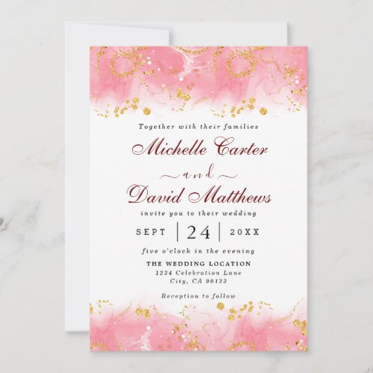 Faire-part de mariage moderne en marbre rose et or (Devant)