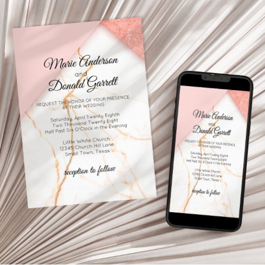 Faire-part de mariage moderne en marbre rose et or
