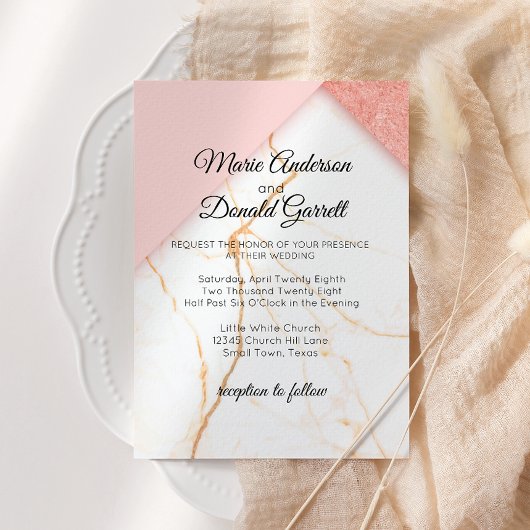 Faire-part de mariage moderne en marbre rose et or