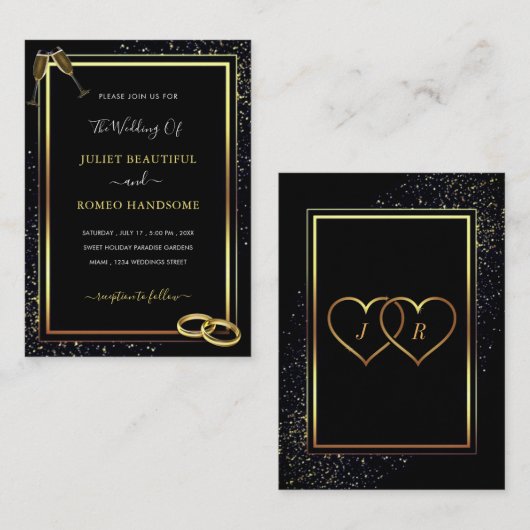 Faire-part de mariage moderne en or noir avec anne (Devant / Derrière)