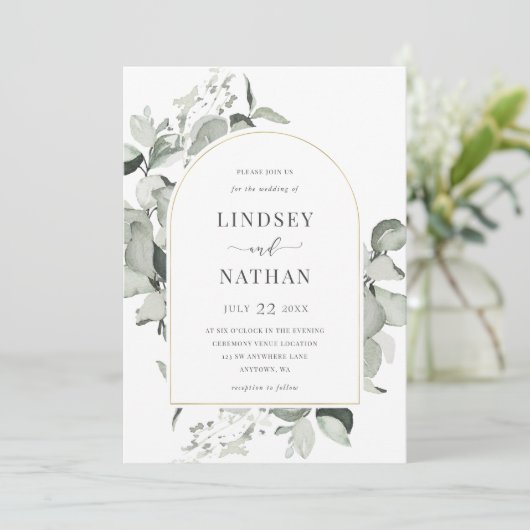 Faire-part de mariage moderne Eucalyptus Gold Arch (Debout devant)