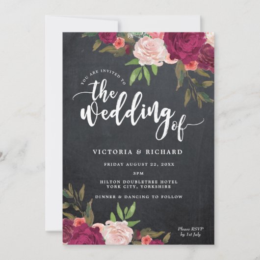 faire-part de mariage moderne fleurie boho burgund (Devant)