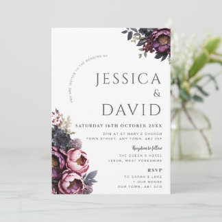 Faire-part de mariage moderne floral bordeaux prun
