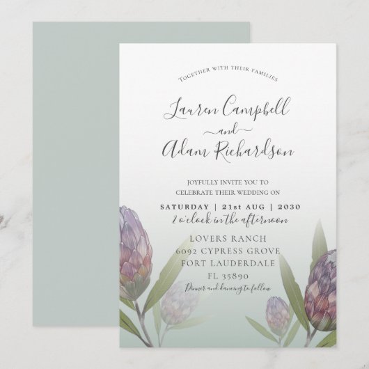 Faire-part de mariage moderne floral vert sauge po (Devant / Derrière)