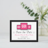 Faire-part de mariage moderne fuchsia à trois mono (Debout devant)