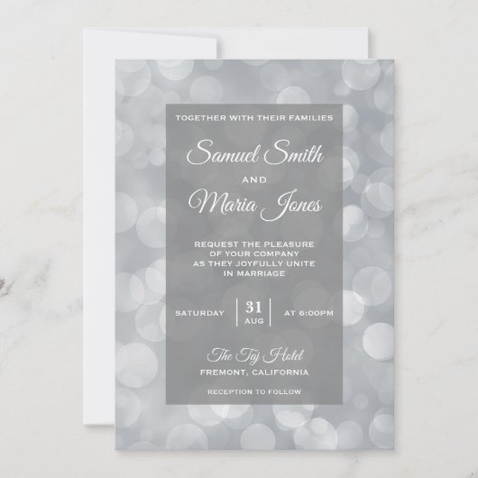 Faire-part de mariage moderne gris argent bokeh (Devant)