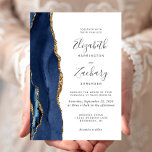 Faire-part de mariage moderne Marine Blue Gold Aga<br><div class="desc">Le bord gauche de cette élégante faire-part de mariage moderne est orné d'une bordure en aquarelle bleu marine ornée d'une parties scintillant en faux or. Le texte personnalisable combine écriture manuscrite, copperplate et polices italiques en gris fusain sur un arrière - plan blanc. L'envers est assorti d'un design d'agate bleu...</div>