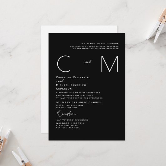 Faire-part de mariage moderne monochrome avec mono (Devant/Arrière en situation)