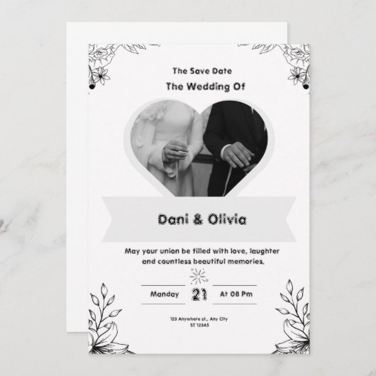 Faire-part de mariage moderne noir et blanc (Devant / Derrière)