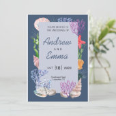 Faire-part de mariage moderne océan bleu sous la m (Debout devant)