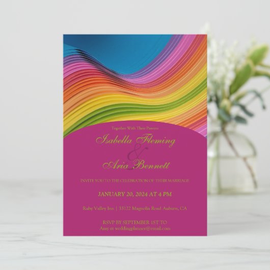 Faire-part de mariage moderne Rainbow Wave (Debout devant)