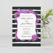 Faire-part de mariage moderne rayé. Fleurs violett (Debout devant)