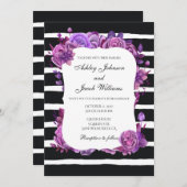 Faire-part de mariage moderne rayé. Fleurs violett (Devant / Derrière)