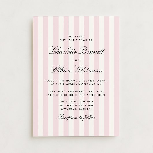Faire-part de mariage moderne rayé rose et crème