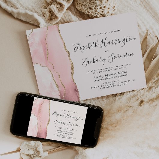 Faire-part de mariage moderne rose blush or agate