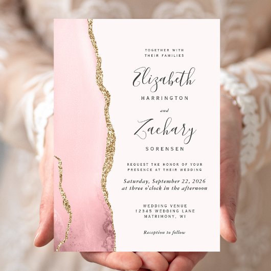 Faire-part de mariage moderne rose blush or agate
