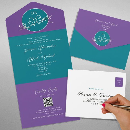 Faire-part de mariage moderne sarcelle violet avec