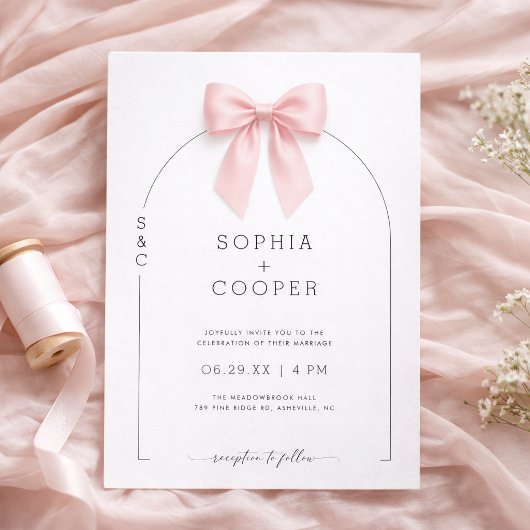 Faire-part de mariage moderne serif à ruban rose