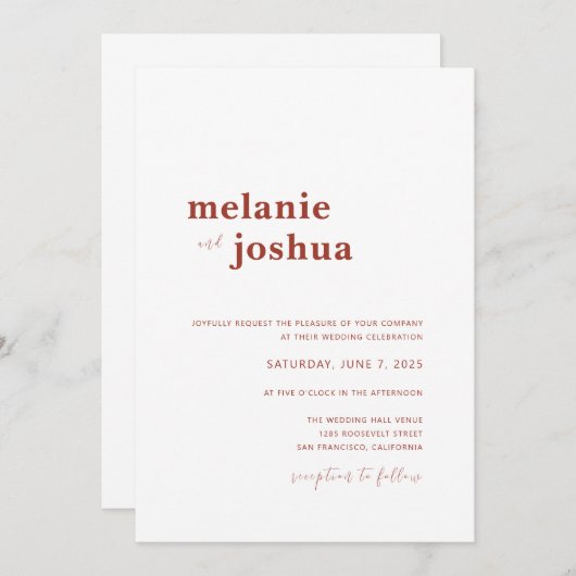 Faire-part de mariage moderne simple | Terracotta (Devant / Derrière)