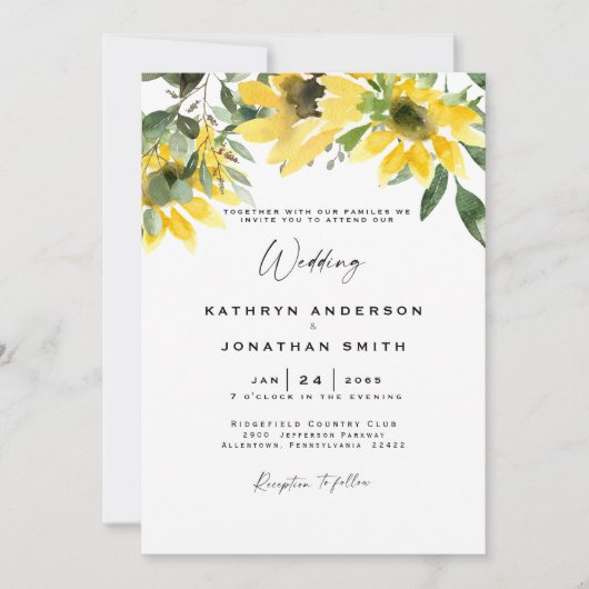 Faire-Part de Mariage Moderne Tournesol Eucalyptus (Devant)