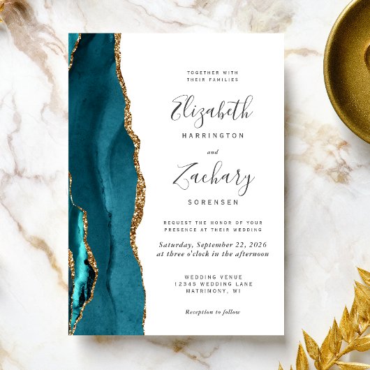 Faire-part de mariage moderne Turquoise Gold Agate