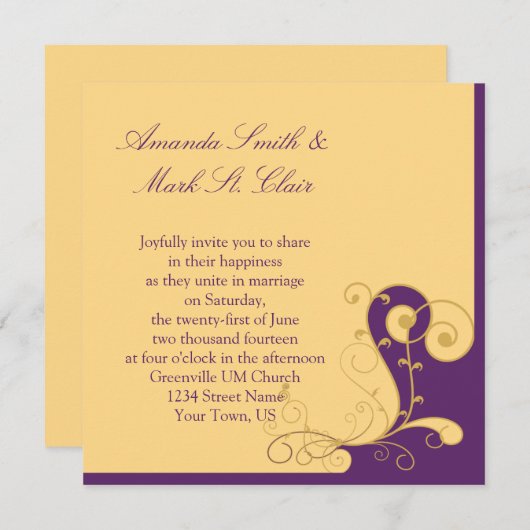 Faire-part de mariage moderne violet or (Devant / Derrière)