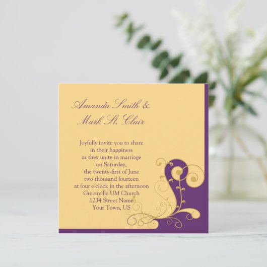 Faire-part de mariage moderne violet or (Debout devant)