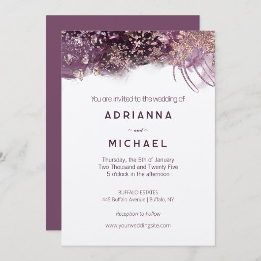 Faire-part de mariage moderne violet or (Devant / Derrière)