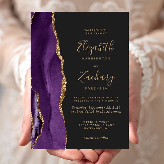 Faire-part de mariage moderne violet or agate fonc