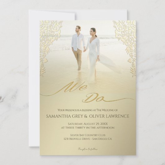 Faire-part de mariage moderne "We Do" Gold Damask (Devant)