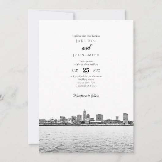 Faire-part de mariage monochrome Cleveland Skyline (Devant)
