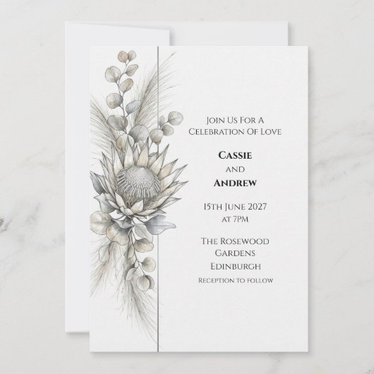 Faire-part de mariage Monochrome Protéa Eucalyptus (Devant)