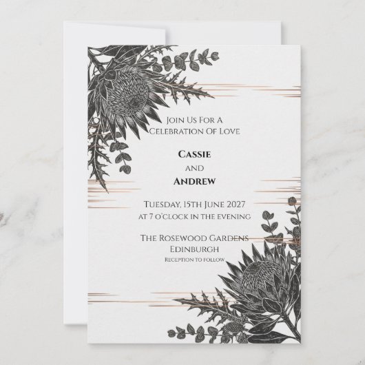 Faire-part de mariage Monochrome Protea Thistle (Devant)