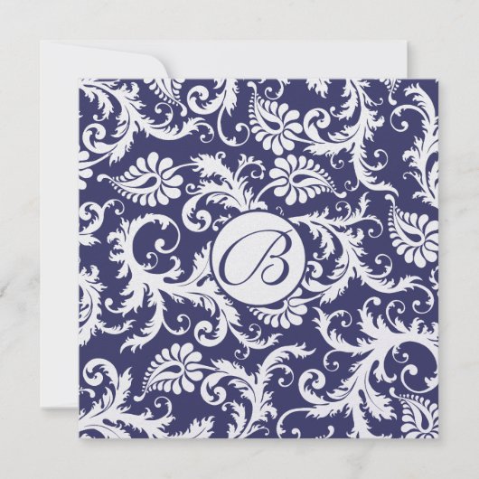 Faire-part de mariage Monogram Navy Damask Swils (Devant)