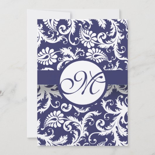 Faire-part de mariage Monogram Navy Damask Swils (Devant)
