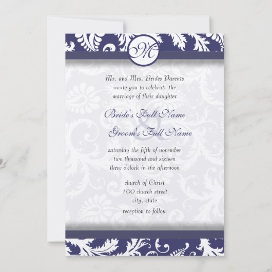 Faire-part de mariage Monogram Navy Damask Swils (Dos)