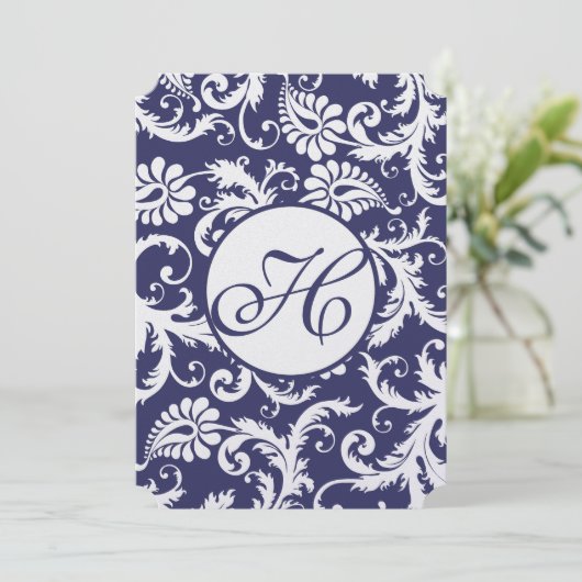 Faire-part de mariage Monogram Navy Damask Swils (Debout devant)