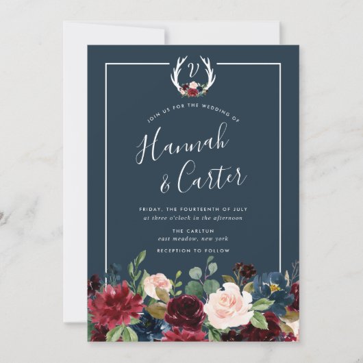 Faire-part de mariage Monogramme Antler Radiant Bl (Devant)