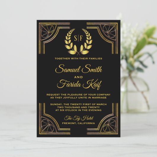 Faire-part de mariage Monogramme Black Gold Laurel (Debout devant)