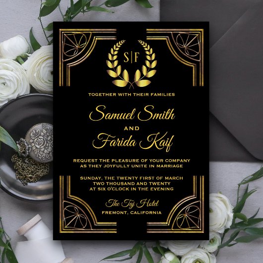 Faire-part de mariage Monogramme Black Gold Laurel