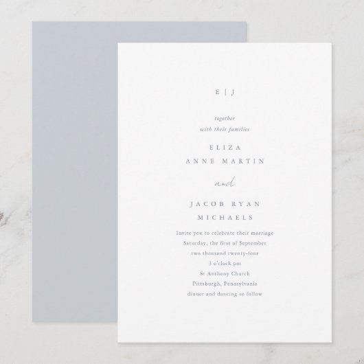 Faire-part de mariage monogramme bleu poussiéreux (Devant / Derrière)